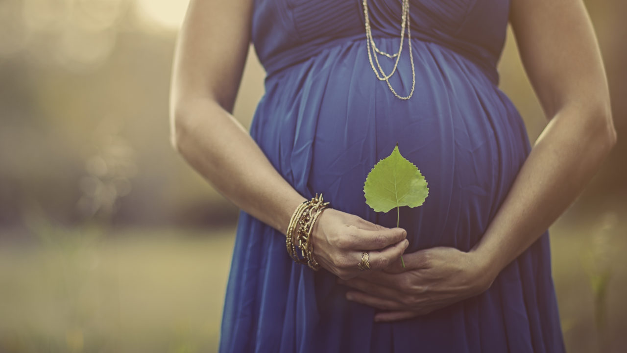Portrait of a beautiful pregnant woman (7months) wearing a long teal dress standing within a Autumn setting.
